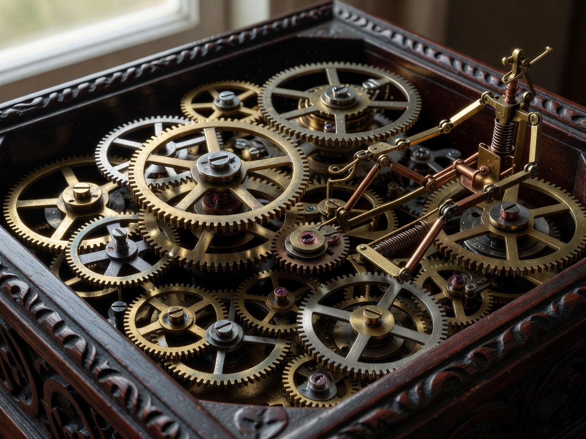 Mechanical clockwork gears and antique automata craftsmanship detail